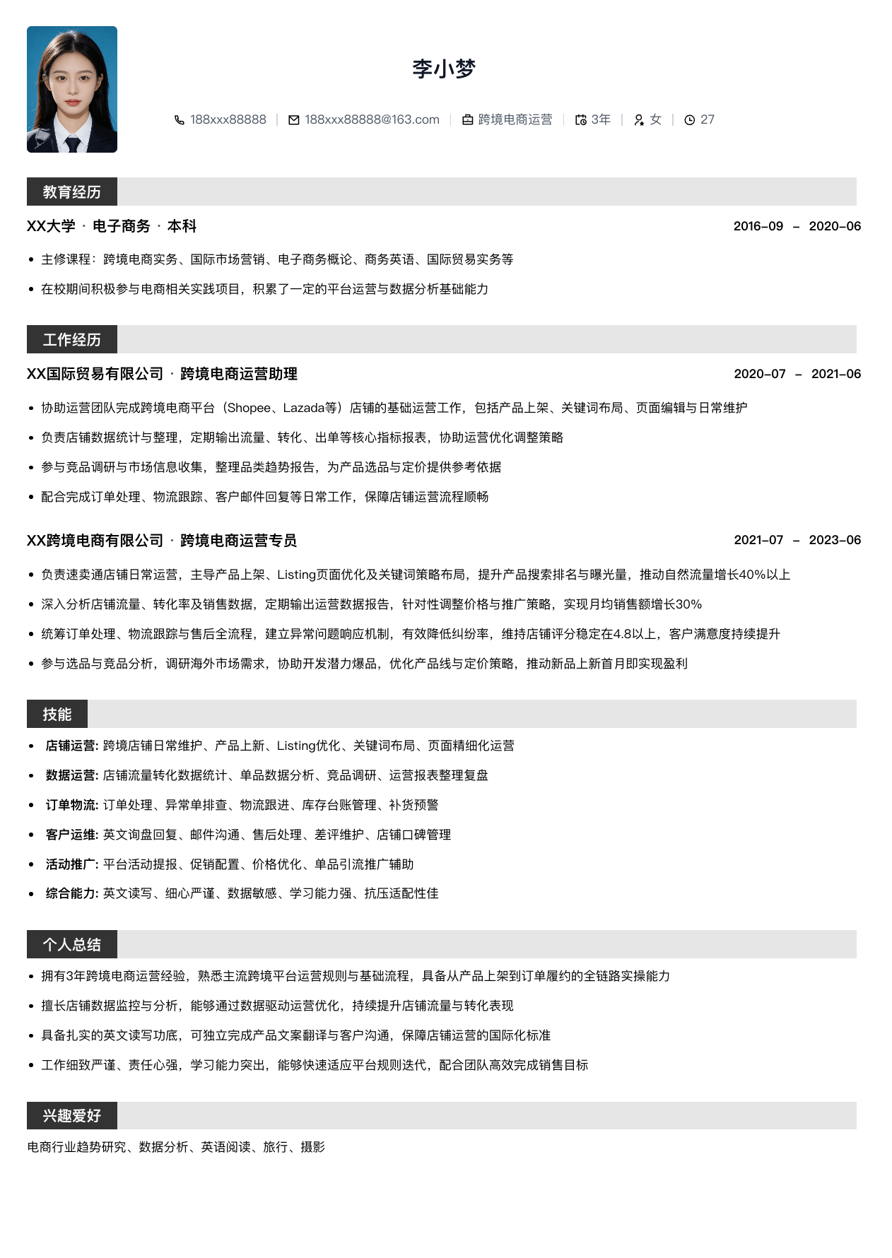 跨境电商运营通用简历模板